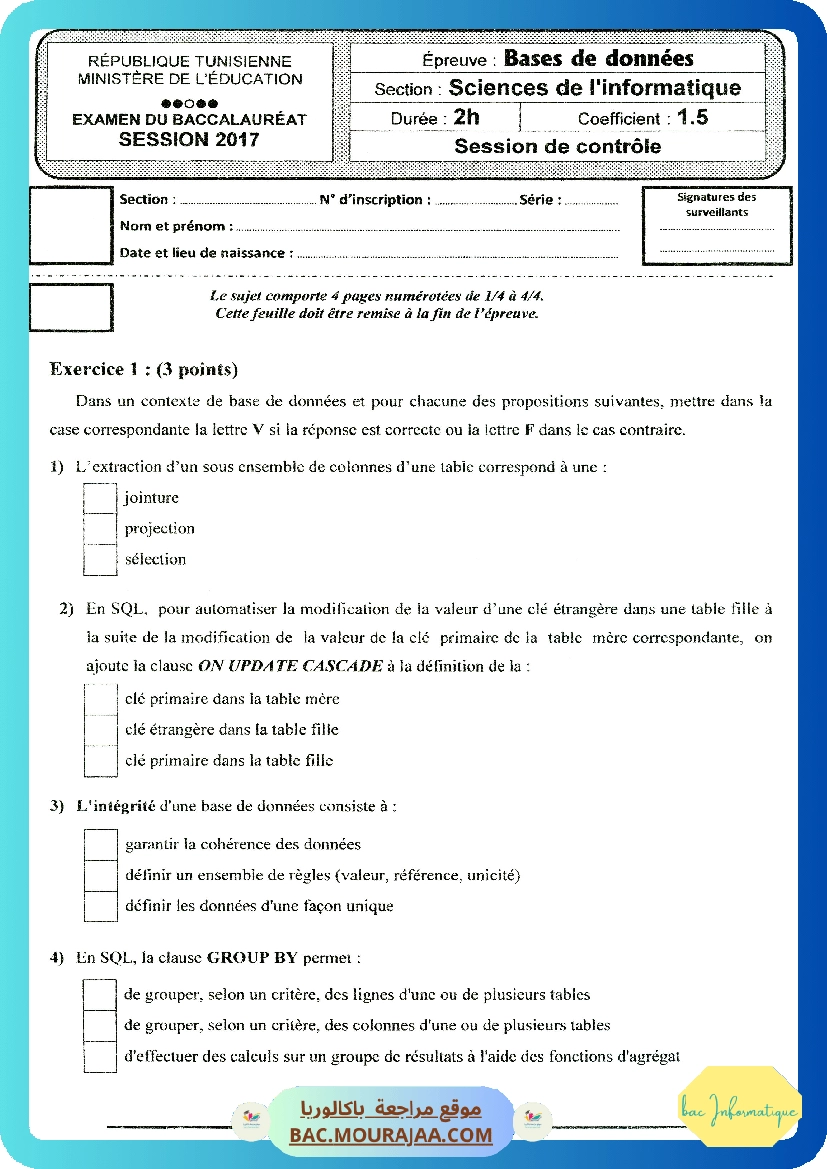 Sujet controle bd Bac 2017 – Section info